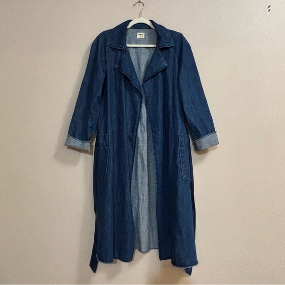 Gap Sz S Long Line Denim Trench Coat Patch Pockets Belt Frayed Edges Blue EUC - Picture 2 of 9
